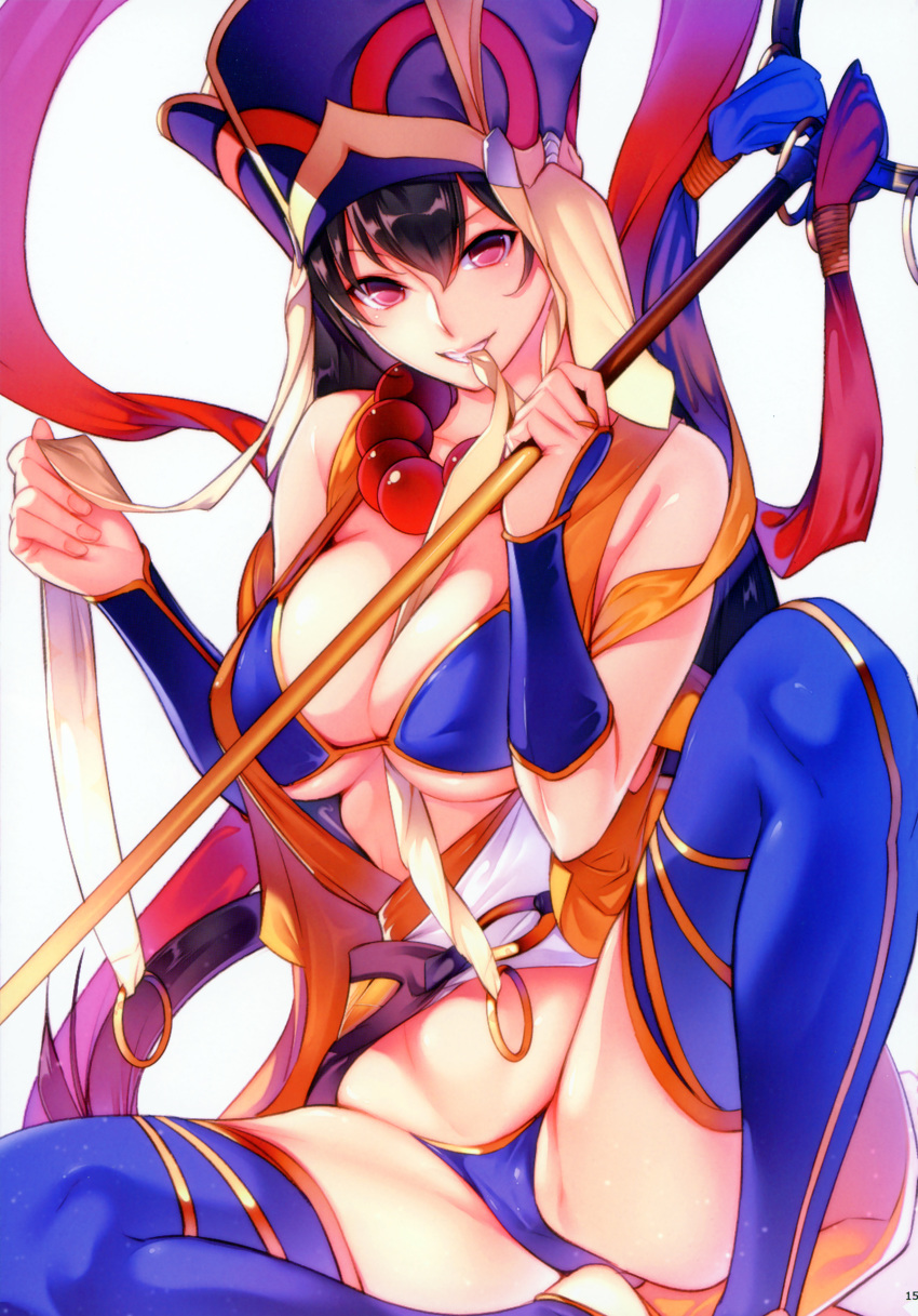 absurdres beads bikini bikini_top black_hair blue_bikini blue_legwear blush breasts fate/grand_order fate_(series) grin hat highres large_breasts long_hair looking_at_viewer mouth_hold nanao_(mahaya) navel non-web_source prayer_beads purple_eyes sandals scan shakujou simple_background sitting smile solo staff swimsuit thighhighs toes white_background xuanzang_(fate/grand_order)