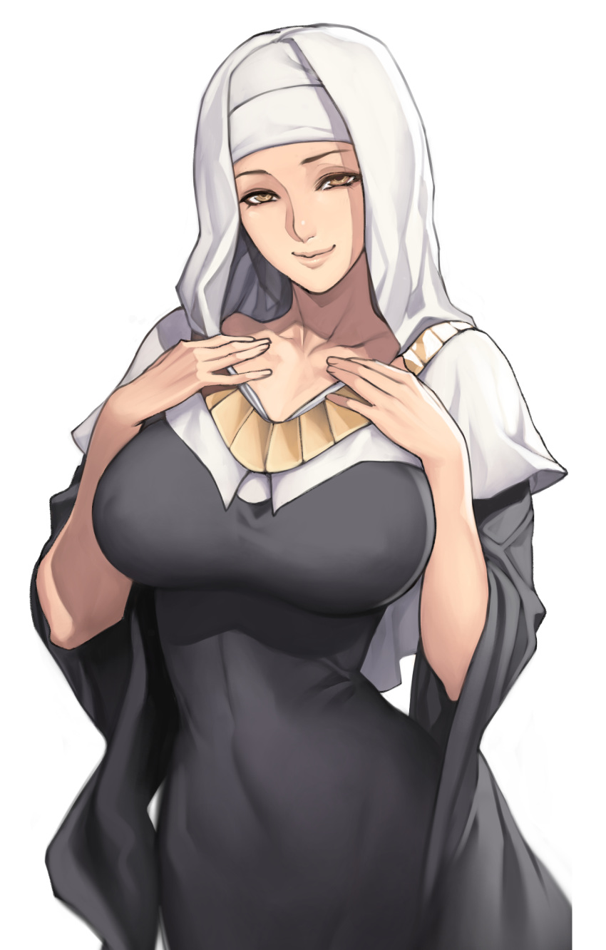 1girl black_clothes breasts closed_mouth collarbone cowboy_shot erect_nipples erect_nipples_under_clothes eyebrows eyeliner fate/grand_order fate_(series) habit half-closed_eyes hands_on_own_chest highres hips large_breasts looking_at_viewer nun oda_non sesshouin_kiara simple_background smile solo standing upper_body white_background wide_sleeves yellow_eyes