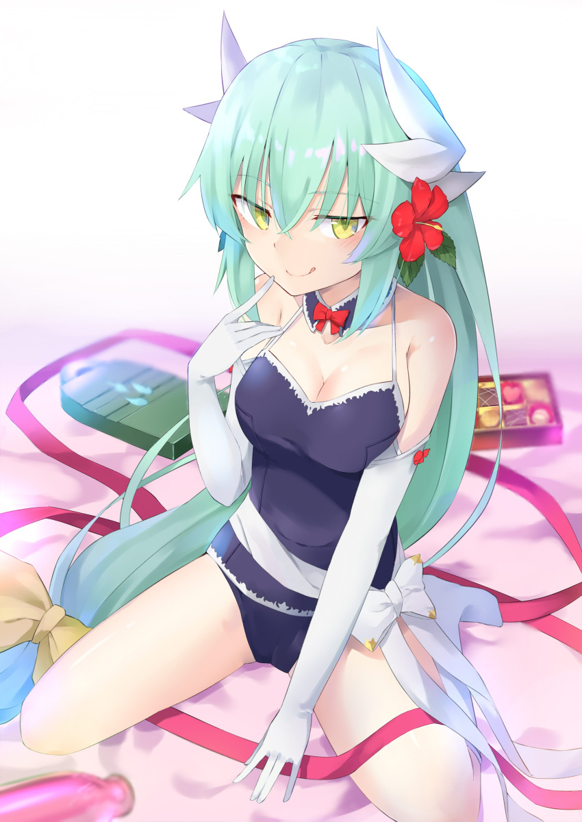 1girl absurdres box_of_chocolates breasts elbow_gloves eyebrows_visible_through_hair fate/grand_order fate_(series) finger_to_mouth flower gloves green_hair hair_flower hair_ornament highres kiyohime_(fate/grand_order) licking_lips long_hair looking_at_viewer low_tied_hair medium_breasts seiza sitting solo tongue tongue_out very_long_hair yellow_eyes