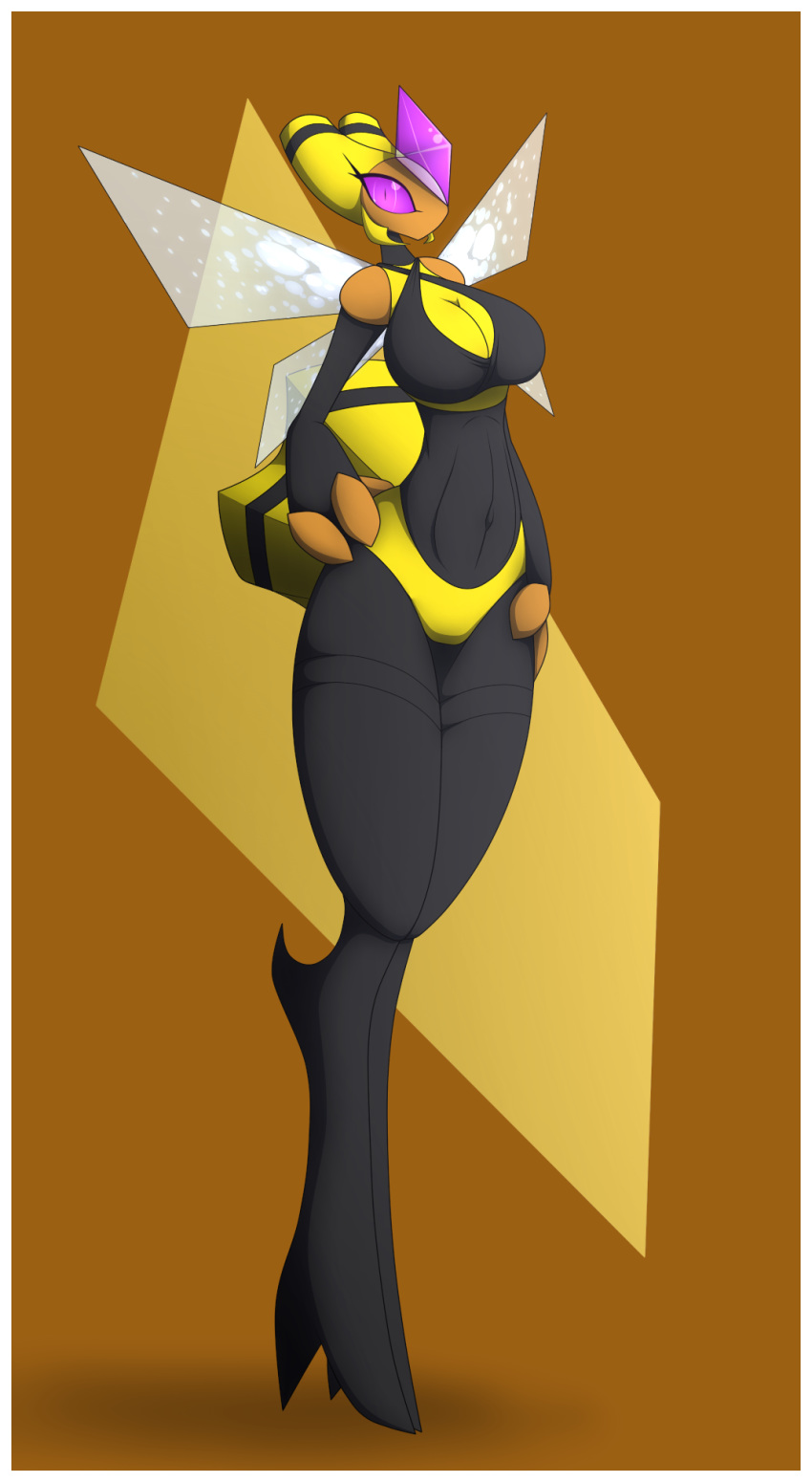 anthro arthropod bee big_breasts big_eyes breasts clothing digital_media_(artwork) female insect insect_wings isabelle_(r-mk) looking_at_viewer nintendo pok&eacute;mon pok&eacute;mon_(species) purple_eyes r-mk simple_background solo standing thick_thighs vespiquen video_games wings