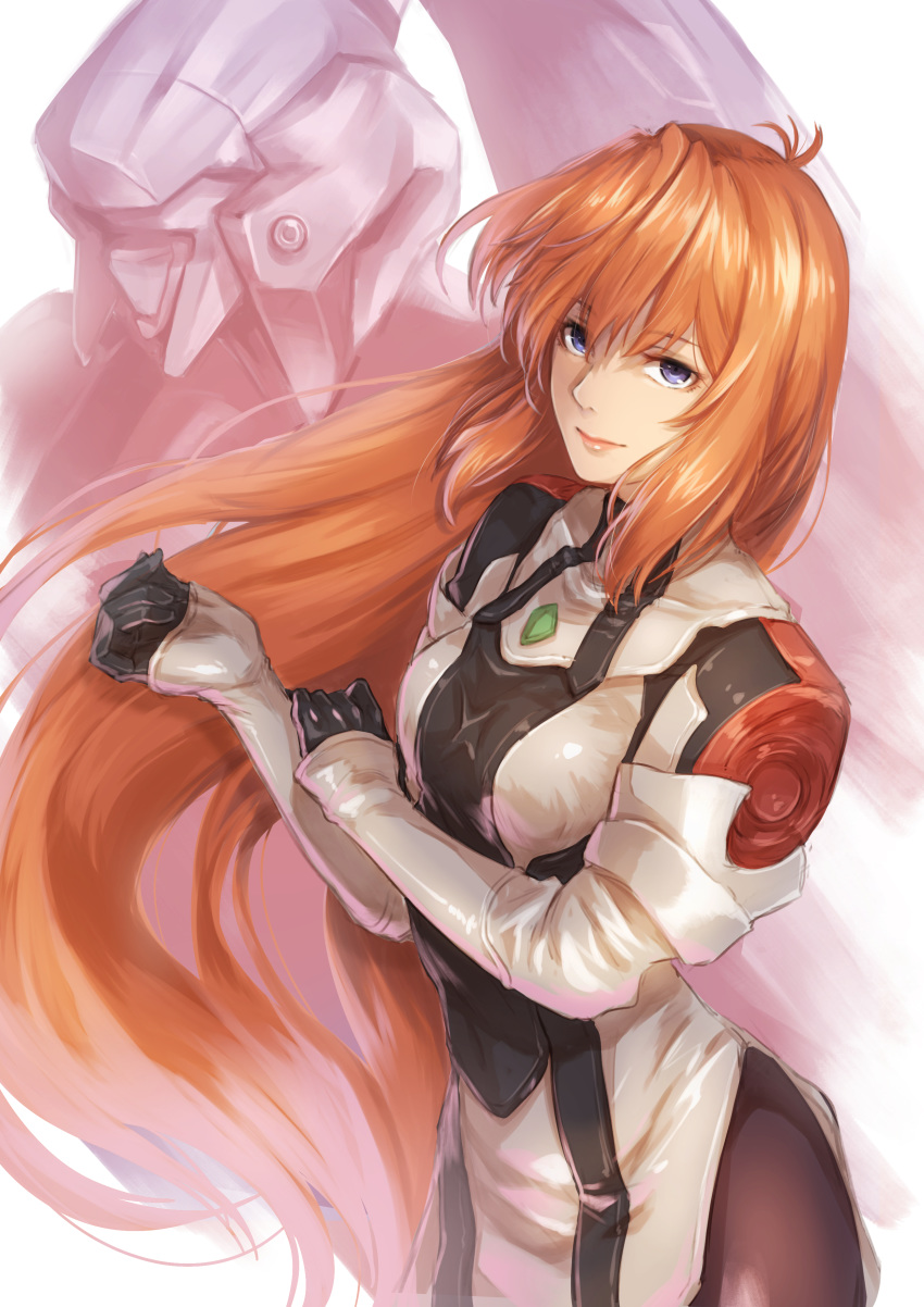 absurdres black_legwear blue_eyes brown_hair coat cowboy_shot elhaym_van_houten gloves highres light_smile lips long_hair looking_at_viewer mecha pantyhose re_(re_09) solo vierge xenogears