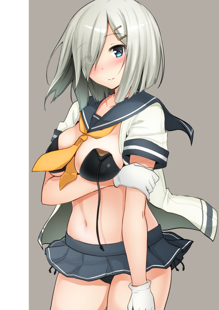 arm_grab arm_under_breasts bikini black_bikini blouse blue_eyes blue_skirt blush breast_hold breasts closed_mouth commentary_request cowboy_shot eyebrows_visible_through_hair eyes_visible_through_hair gloves grey_background hair_ornament hair_over_one_eye hairclip hamakaze_(kantai_collection) highres kantai_collection looking_at_viewer medium_breasts microskirt miniskirt navel pleated_skirt sailor sailor_collar short_hair short_sleeves side-tie_bikini silver_hair skirt smile solo standing striped striped_skirt swimsuit swimsuit_under_clothes untied untied_bikini white_blouse white_gloves yellow_neckwear yuna_(spn28u79)