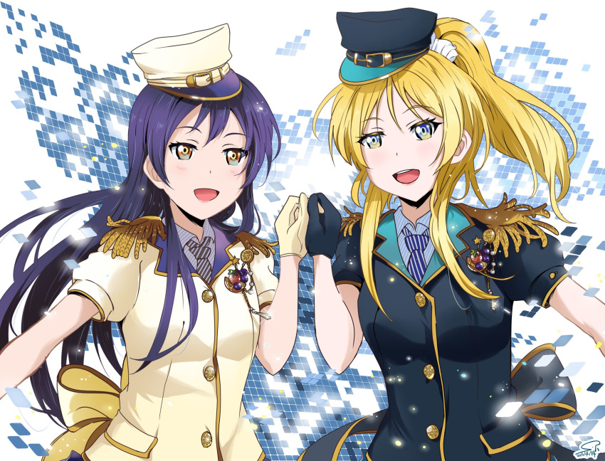 ayase_eli bangs black_gloves blonde_hair blue_eyes blue_hair blush commentary_request epaulettes eyebrows_visible_through_hair gloves hair_between_eyes hat highres holding_hands long_hair looking_at_viewer love_live! love_live!_school_idol_festival love_live!_school_idol_project multiple_girls necktie open_mouth ponytail sonoda_umi striped striped_neckwear suan_ringo white_gloves yellow_eyes