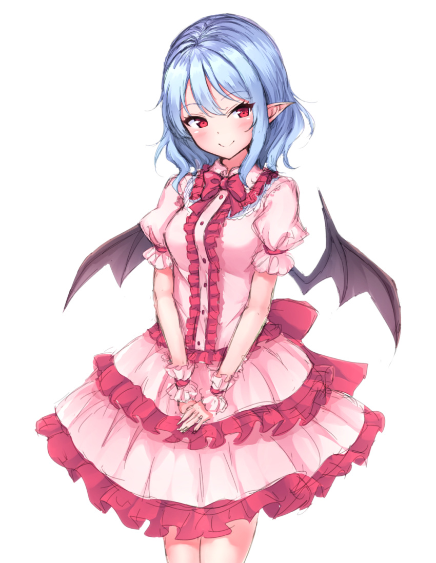 blue_hair blush bow bowtie breasts commentary cowboy_shot dress eyebrows_visible_through_hair frilled_dress frilled_shirt_collar frills head_tilt highres junior27016 layered_dress looking_at_viewer medium_breasts no_hat no_headwear pink_dress pointy_ears puffy_short_sleeves puffy_sleeves red_bow red_eyes red_neckwear remilia_scarlet short_sleeves simple_background smile solo standing touhou v_arms white_background wrist_cuffs