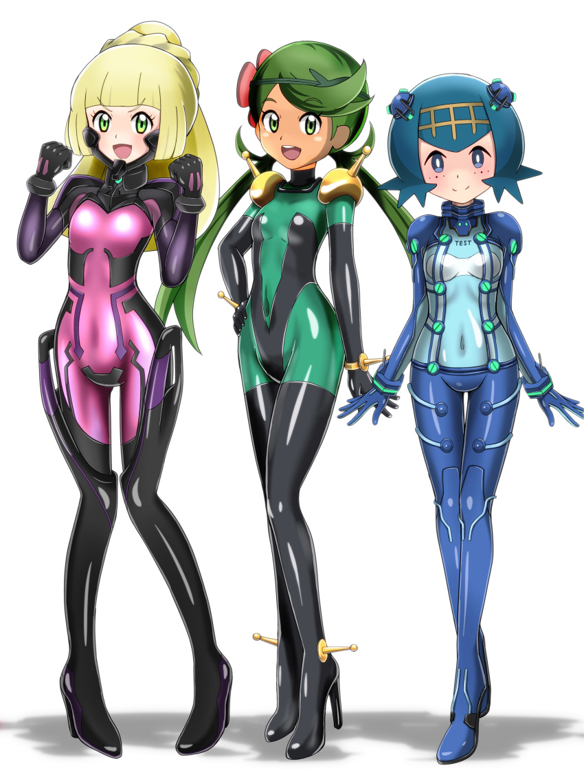 absurdres blonde_hair blue_eyes blue_hair blush bodysuit covered_navel dark_skin evangelion:_2.0_you_can_(not)_advance flower g_gundam green_eyes green_hair gundam hair_flower hair_ornament hairband hand_on_hip high_heels highres lillie_(pokemon) long_hair mao_(pokemon) mobile_trace_suit multiple_girls muvluv neon_genesis_evangelion open_mouth plugsuit pokemon pokemon_(anime) pokemon_sm_(anime) ponytail rebuild_of_evangelion short_hair shoukin500 simple_background smile suiren_(pokemon) test_plugsuit trial_captain twintails white_background