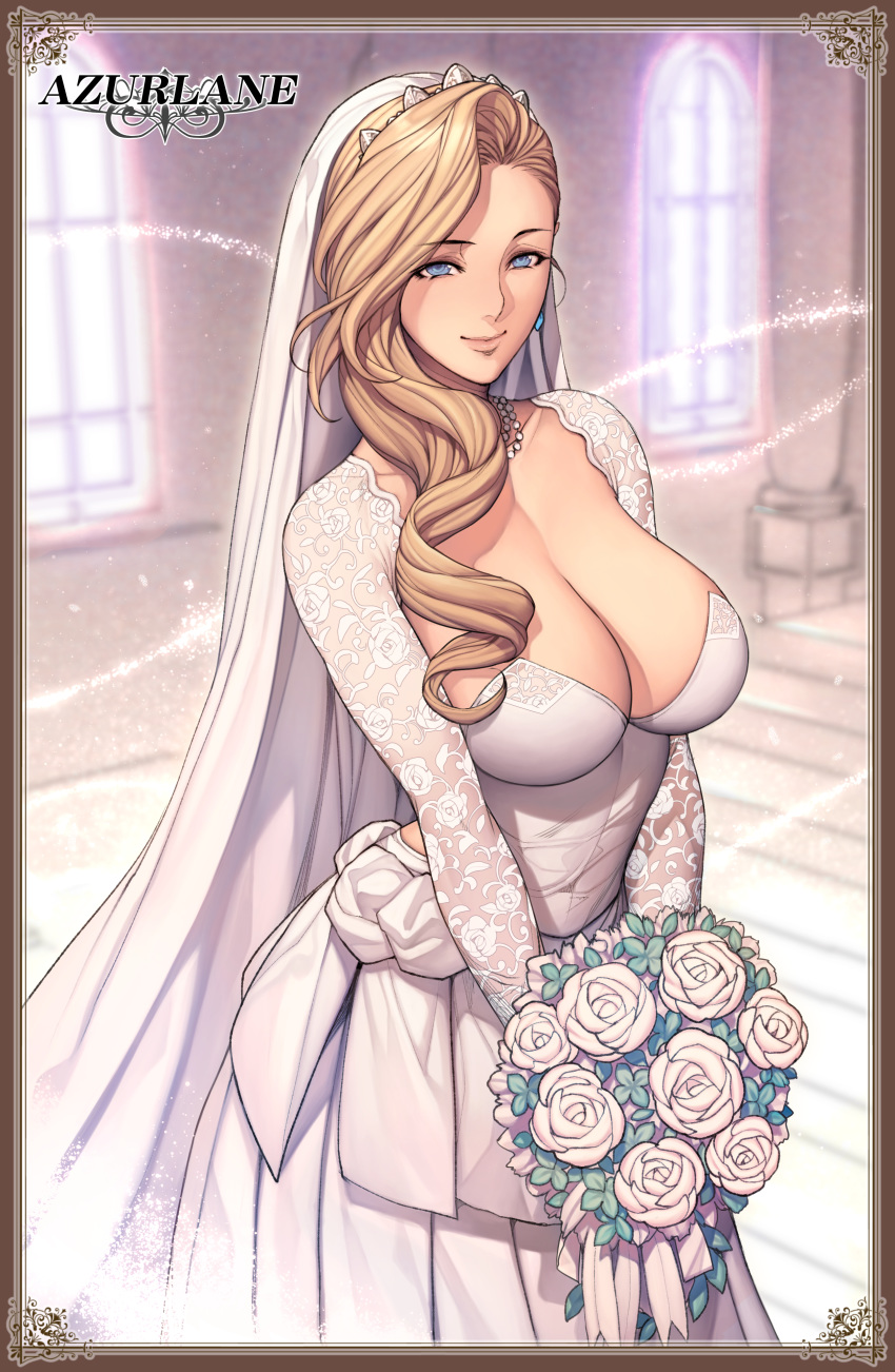 1girl aqua_eyes azur_lane blonde_hair blue_eyes blurry blurry_background bouquet breasts bridal_veil bride church cleavage closed_mouth crown curly_hair detached_sleeves dress earrings eyebrows flower happy highres holding holding_bouquet indoors large_breasts long_hair looking_at_viewer necklace oda_non pearl_necklace smile solo standing veil wedding_dress white_clothes white_dress white_flower window