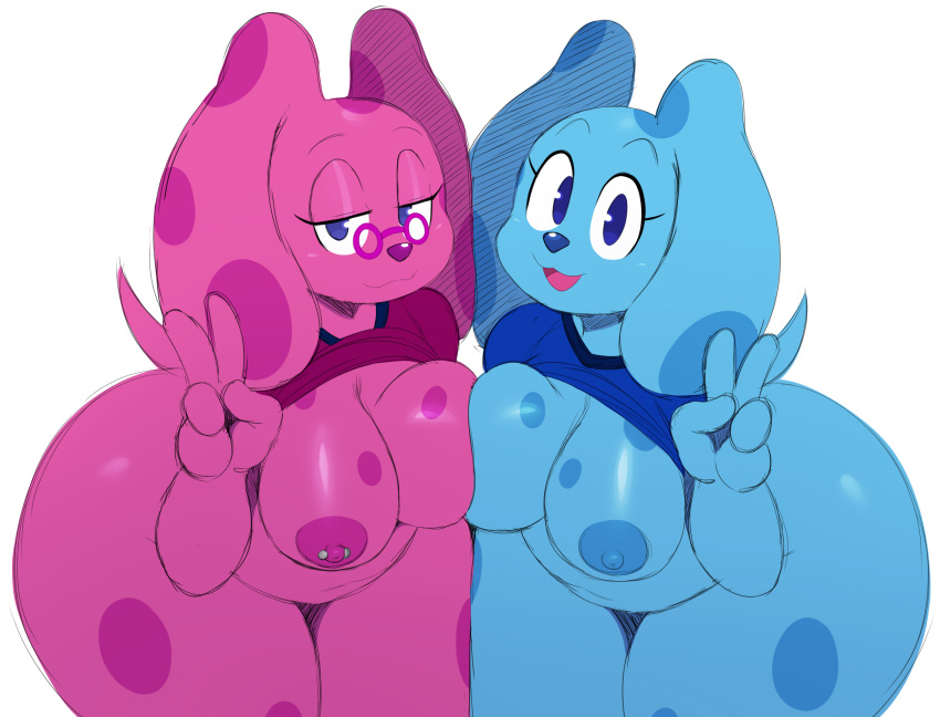 2018 anthro areola belly big_breasts big_butt blue's_clues blue_(blue's_clues) blue_eyes blue_fur breast_squish breasts breasts_frottage butt canine digital_media_(artwork) dog duo eyewear female female/female fur glasses half-closed_eyes huge_butt huge_hips looking_at_viewer magenta_(blue's_clues) mammal nipple_piercing nipples open_mouth overweight overweight_female piercing pink_fur short_stack simple_background sssonic2 thick_thighs v_sign white_background wide_hips