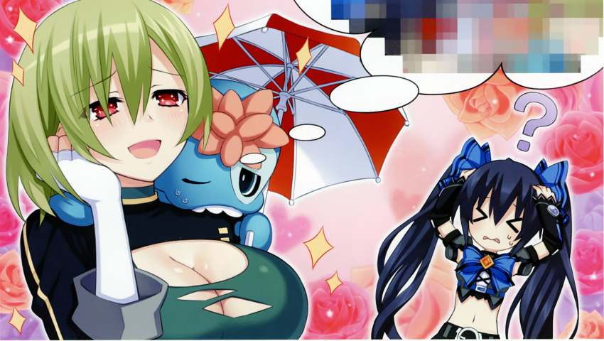&gt;_&lt; ? absurdres bangs bio_(chou_megami_shinkou_noire_gekishin_black_heart) black_hair blush breasts chou_megami_shinkou_noire_gekishin_black_heart cleavage game_cg green_hair hair_ornament highres large_breasts long_hair manamitsu multiple_girls neptune_(series) noire non-web_source official_art open_mouth red_eyes ribbon smile sparkle sparkling_eyes twintails umbrella