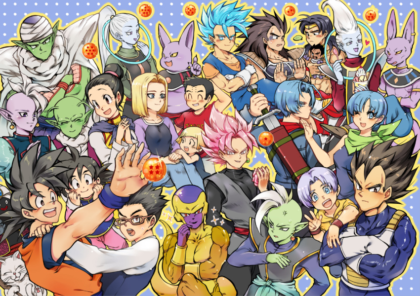 6+boys :d ;d android_18 animal annoyed armor ayo_(isy8800) bad_id bad_pixiv_id beerus black_eyes black_hair blonde_hair blue_background blue_eyes blue_hair broly brothers bulma cape cat champa_(dragon_ball) chi-chi_(dragon_ball) closed_eyes commentary_request couple crossed_arms dende dougi dragon_ball dragon_ball_(object) dragon_ball_super dragon_ball_z dress earrings egyptian_clothes expressionless eyebrows_visible_through_hair facing_away father_and_daughter father_and_son fingernails flower food frieza frown glasses gloves gokuu_black golden_frieza heart ice_cream index_finger_raised jewelry kaioushin karin_(dragon_ball) kerchief kuririn long_hair long_sleeves looking_at_another looking_away looking_back marron mister_popo mohawk mother_and_daughter mother_and_son multiple_boys multiple_girls nervous one_eye_closed open_mouth paragus piccolo pink_flower pink_hair pointy_ears potara_earrings purple_hair raditz red_eyes rose serious short_hair siblings simple_background smile son_gohan son_gokuu son_goten sparkle spiked_hair spoon super_saiyan_blue super_saiyan_rose sweatdrop sword trunks_(dragon_ball) turban v vados_(dragon_ball) vegeta vegetto very_long_hair weapon whis white_background white_hair wristband zamasu