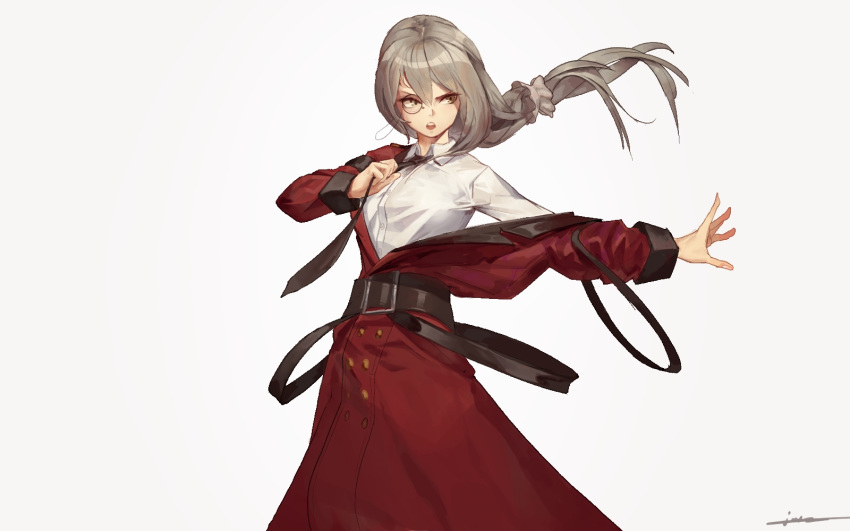 ahoge bangs belt black_belt black_neckwear blush brown_eyes buckle coat collared_shirt commentary cowboy_shot double-breasted eyebrows_visible_through_hair floating_hair girls_frontline grey_background grey_hair grey_scrunchie hair_between_eyes helianthus_(girls_frontline) highres junexp long_coat long_hair long_sleeves looking_away monocle necktie necktie_grab neckwear_grab open_mouth outstretched_arm ponytail red_coat scrunchie shirt sidelocks signature simple_background sleeves_folded_up solo white_shirt wing_collar