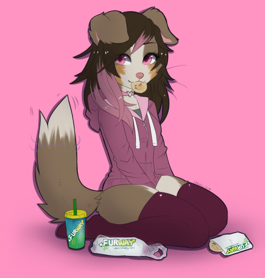 &lt;3 2017 anthro australian_shepherd beverage brown_hair canine clothed clothing cookie dog female food hair hoodie kneeling looking_at_viewer mammal nana_(fadey) nayel-ie pink_eyes simple_background smile solo subway_(restaurant) tailwag