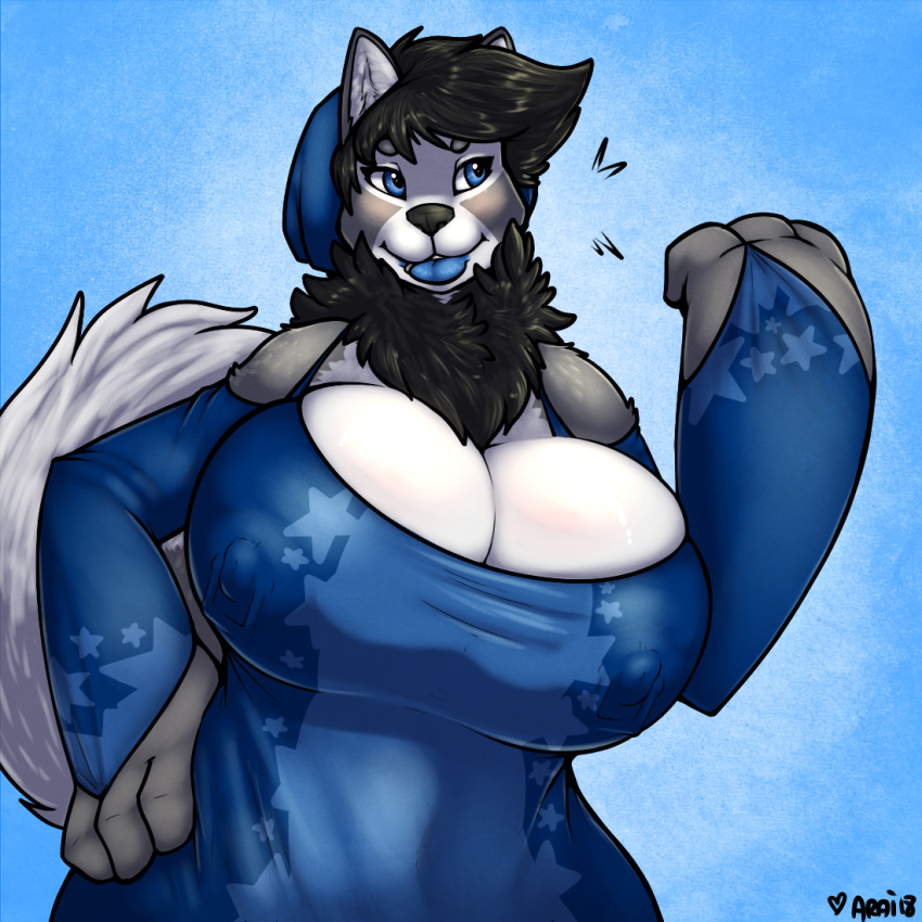 2018 anthro araidian big_breasts black_hair blue_lips breasts canine clothing dog female hair husky mammal nipple_piercing nipples piercing slightly_chubby thick_bottom_lip