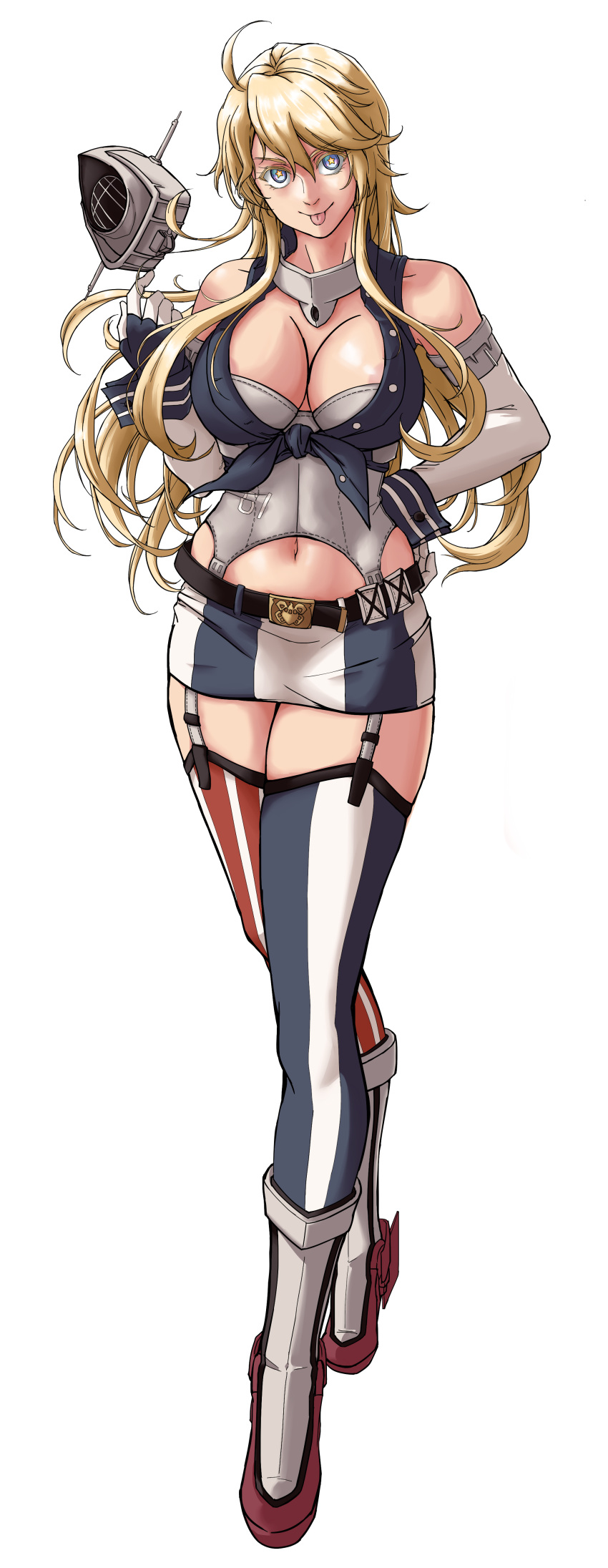absurdres blonde_hair blue_eyes breasts elbow_gloves fingerless_gloves front-tie_top full_body garter_straps gloves hand_on_hip headgear_removed highres iowa_(kantai_collection) kantai_collection large_breasts long_hair looking_down miniskirt mismatched_legwear navel simple_background skirt solo sozan standing star star-shaped_pupils striped striped_legwear symbol-shaped_pupils thighhighs tongue tongue_out vertical_stripes white_background