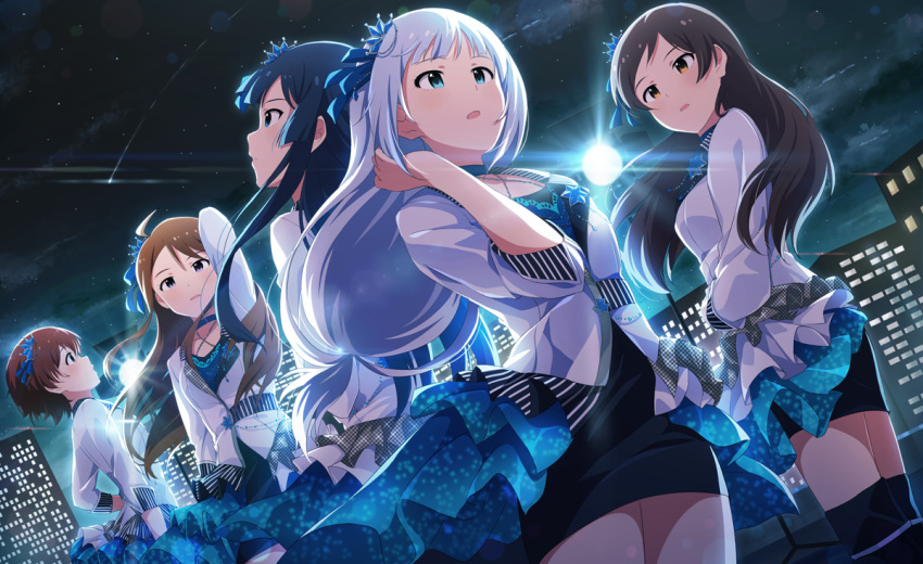 ahoge aqua_eyes bangs black_dress blue_choker blue_eyes blue_hair blue_ribbon brown_hair building choker city dress hair_ornament hair_ribbon hand_in_hair idol_clothes idolmaster idolmaster_million_live! idolmaster_million_live!_theater_days jacket julia_(idolmaster) kitazawa_shiho lights long_hair looking_afar looking_at_another mogami_shizuka multiple_girls narumi_nanami night night_sky open_mouth outdoors purple_eyes red_hair ribbon rooftop shiraishi_tsumugi shooting_star short_dress short_hair silver_hair sky star_(sky) starry_sky thighhighs tokoro_megumi white_jacket yellow_eyes zettai_ryouiki