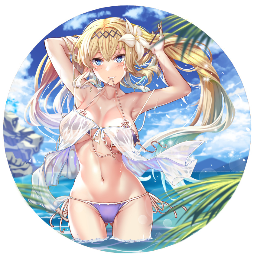 adjusting_hair armpits arms_behind_head arms_up babydoll bangs bare_shoulders beach bikini blonde_hair blue_eyes blue_sky blush breasts cleavage cloud collarbone commentary_request day eyebrows_visible_through_hair flower front-tie_bikini front-tie_top granblue_fantasy hair_flower hair_intakes hair_ornament hairband halterneck hasaya highres jeanne_d'arc_(granblue_fantasy) large_breasts lily_(flower) long_hair looking_at_viewer mouth_hold navel ocean outdoors palm_tree purple_bikini see-through side-tie_bikini sky smile solo standing swimsuit tree untied untied_bikini wading water wet white_flower