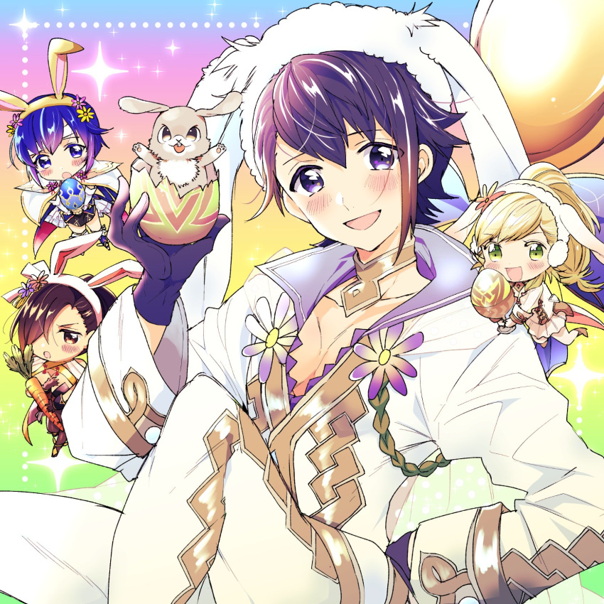 alfonse_(fire_emblem) animal_ears blonde_hair blue_eyes blue_hair blush brown_eyes brown_hair bunny_ears bunny_girl bunny_tail bunnysuit cape chest detached_collar fake_animal_ears fire_emblem fire_emblem:_monshou_no_nazo fire_emblem_heroes fire_emblem_if gloves green_eyes hair_over_one_eye hasebe_(17_feh) headband highres kagerou_(fire_emblem_if) katua leotard long_hair male_focus manboobs multicolored_hair multiple_girls ninja open_mouth pantyhose pectorals pegasus_knight ponytail scarf sharena short_hair simple_background smile strapless strapless_leotard tail thighhighs very_long_hair