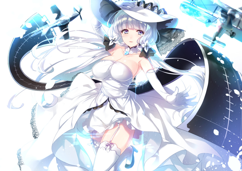 aircraft airplane arm_up azur_lane bangs bare_shoulders biplane black_footwear blue_eyes breasts cleavage collarbone commentary_request dress elbow_gloves eyebrows_visible_through_hair garter_straps gloves hand_on_headwear hat high_heels highres illustrious_(azur_lane) large_breasts long_hair looking_at_viewer mayuzaki_yuu outstretched_arm parted_lips petals silver_hair solo standing standing_on_one_leg strapless strapless_dress thighhighs tri_tails very_long_hair white_background white_dress white_gloves white_hat white_legwear
