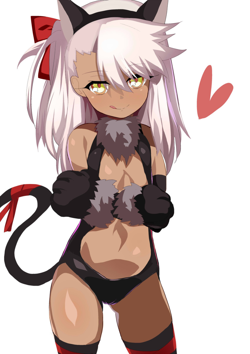 :q absurdres animal_ears black_legwear black_leotard cat_ears cat_tail center_opening chloe_von_einzbern commentary_request crossed_arms dark_skin detached_sleeves fake_animal_ears fate/kaleid_liner_prisma_illya fate_(series) flat_chest gloves heart highres leotard long_hair naughty_face no_navel paw_gloves paws pink_hair ribbon shimejinameko simple_background smile solo tail tail_raised thighhighs tongue tongue_out white_background yellow_eyes