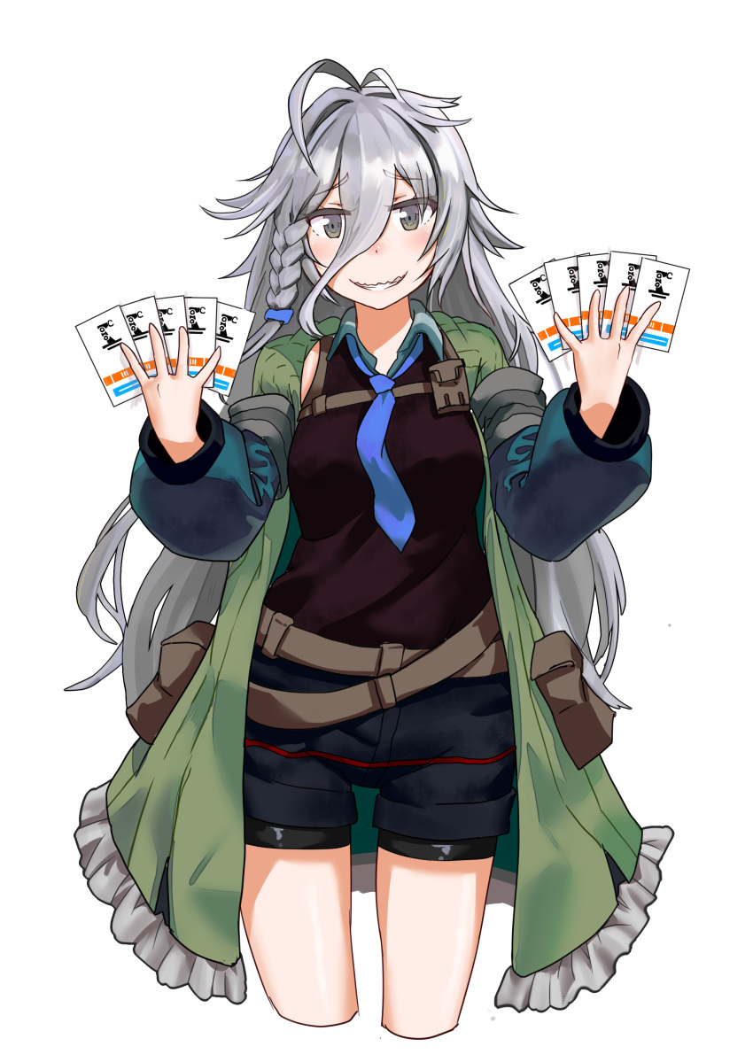absurdres ahoge ammunition_pouch bangs belt bike_shorts black_vest blue_neckwear blue_shorts blush braid brown_shirt card coat collared_shirt commentary cropped_legs eyebrows_visible_through_hair eyes_visible_through_hair fang girls_frontline green_coat grey_eyes hair_between_eyes hair_flaps highres holding holding_card long_hair long_sleeves looking_at_viewer messy_hair multiple_belts necktie open_clothes open_coat parted_lips pouch rifusutaku shirt short_shorts shorts shorts_under_shorts sidelocks silver_hair single_braid sleeveless sleeveless_shirt smile solo strap thighs transparent_background very_long_hair vest wavy_mouth wing_collar xm8_(girls_frontline)