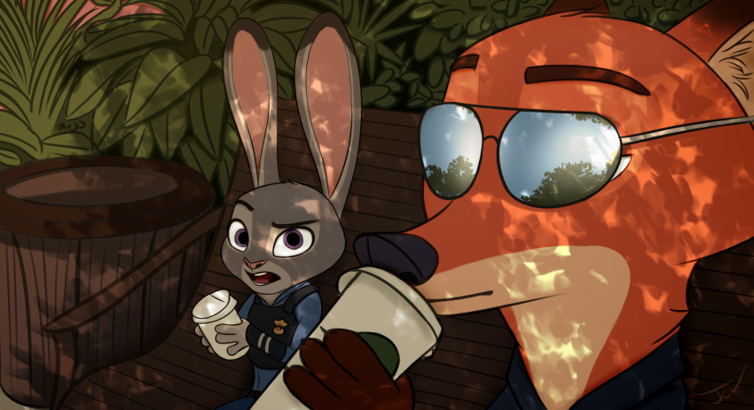 2018 anthro canine clothed clothing disney eyewear female fox fur jaskenator7000 judy_hopps lagomorph male mammal nick_wilde rabbit simple_background sunglasses text zootopia