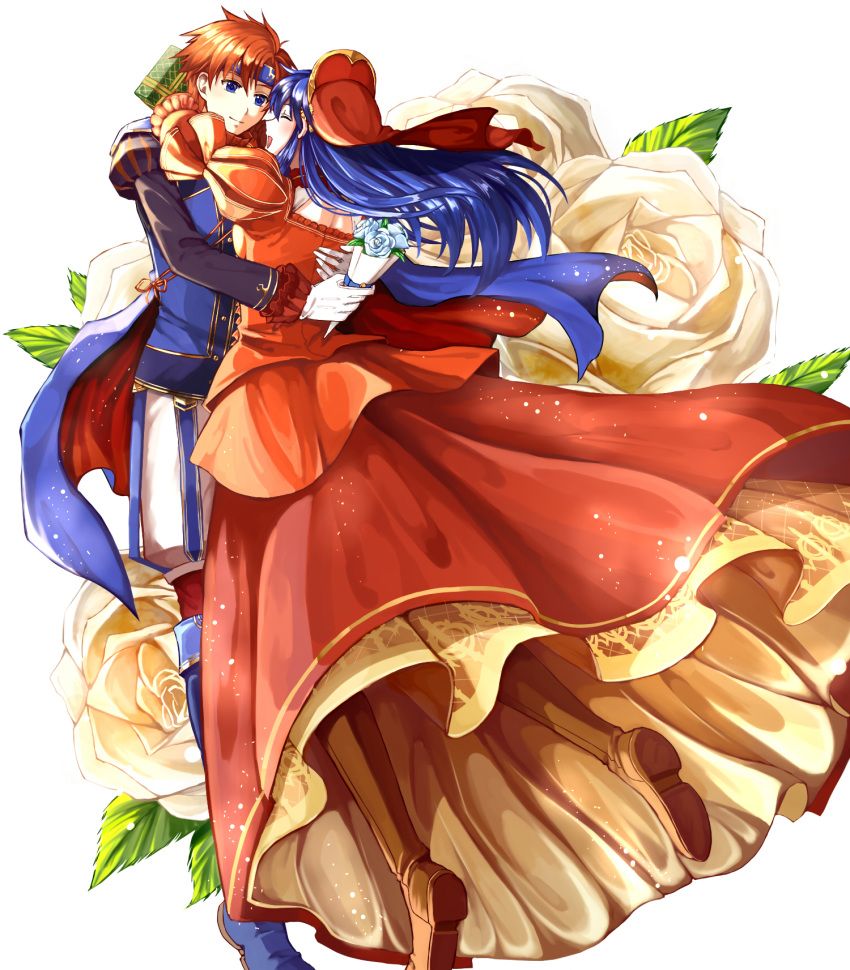 1girl blue_eyes blue_hair blush cape couple delsaber dress fire_emblem fire_emblem:_fuuin_no_tsurugi fire_emblem_heroes full_body gift gloves hat hetero highres hug jewelry lilina long_hair open_mouth red_hair roy_(fire_emblem) short_hair simple_background smile