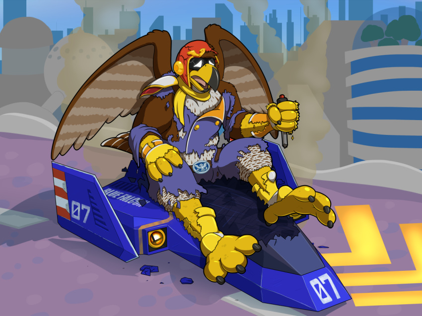 armor avian belt bird blue_falcon captain_falcon clothing colored destruction f-zero falcon gloves helmet kitsunekit male nintendo pheagle talons torn_clothing transformation video_games