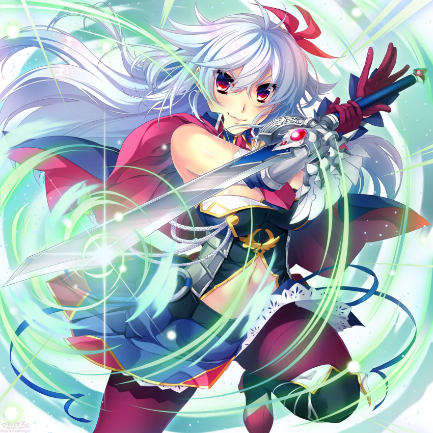blue_skirt breasts cape detached_sleeves eleonora_viltaria eyebrows_visible_through_hair floating_hair gloves hair_between_eyes hair_ribbon highres holding holding_sword holding_weapon large_breasts leg_up long_hair looking_at_viewer madan_no_ou_to_vanadis midriff miniskirt navel pantyhose red_eyes red_gloves red_legwear red_ribbon ribbon silver_hair skirt smile solo stomach sword very_long_hair weapon