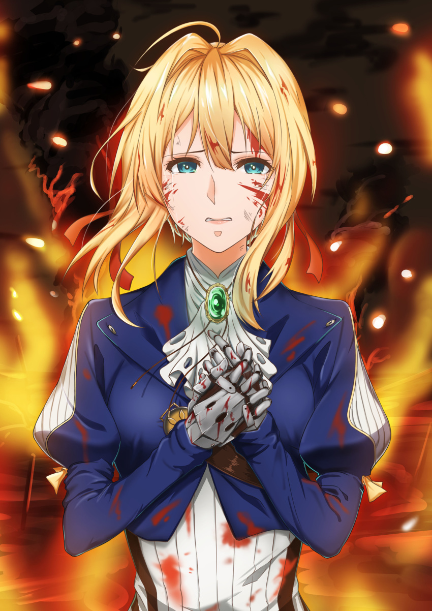 absurdres ahoge bangs blonde_hair blood blood_on_face bloody_clothes bloody_hair bloody_hands blue_eyes blue_jacket braid breasts brooch bruise_on_face burning commentary_request crying crying_with_eyes_open dirty_clothes dirty_face discomfort dress eyebrows_visible_through_hair fire hair_between_eyes hair_intakes hair_ribbon highres holding_hands jacket jewelry long_hair long_sleeves looking_at_viewer mechanical_hands medium_breasts pain prosthesis prosthetic_arm prosthetic_hand red_ribbon ribbon scratches solo stock-world tears upper_body violet_evergarden violet_evergarden_(character)