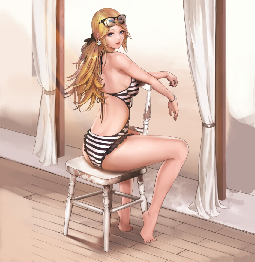 back bare_legs bare_shoulders barefoot blonde_hair blue_eyes breasts chair dungeon_and_fighter earrings eyewear_on_head female_gunner_(dungeon_and_fighter) highres jewelry large_breasts light_rays long_hair looking_at_viewer looking_back monaim one-piece_swimsuit parted_lips sitting sitting_backwards smile solo sunglasses swimsuit tiptoes wristband