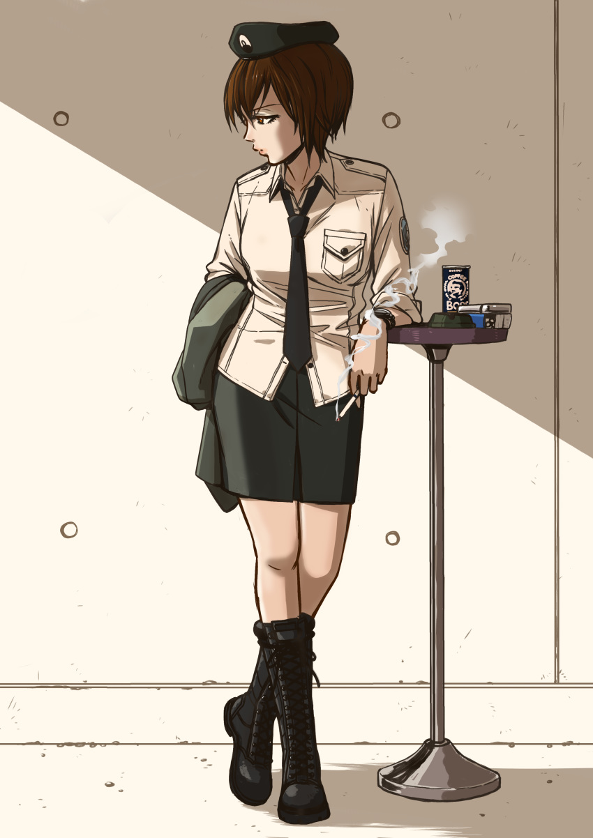 absurdres ashtray beret black_footwear black_neckwear black_skirt boots brown_eyes brown_hair can cigarette cigarette_box emblem girls_und_panzer hat highres holding holding_cigarette hone_(honehone083) jacket jacket_removed japanese_tankery_league_(emblem) leaning_on_object lighter looking_to_the_side necktie nishizumi_maho pencil_skirt profile selection_university_military_uniform shirt short_hair skirt smoke smoking solo standing wing_collar yellow_shirt