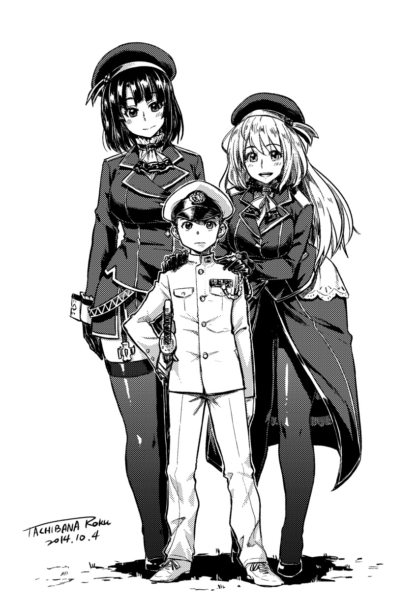 2girls :d age_difference aiguillette artist_name atago_(kantai_collection) beret blush breasts commentary_request dated garter_straps girl_sandwich gloves greyscale halftone hands_on_another's_shoulders hat highres kantai_collection large_breasts little_boy_admiral_(kantai_collection) long_hair military military_uniform monochrome multiple_girls naval_uniform open_mouth pantyhose peaked_cap sandwiched sheath sheathed shoes short_hair signature simple_background smile standing sword tachibana_roku takao_(kantai_collection) thighhighs uniform weapon white_background