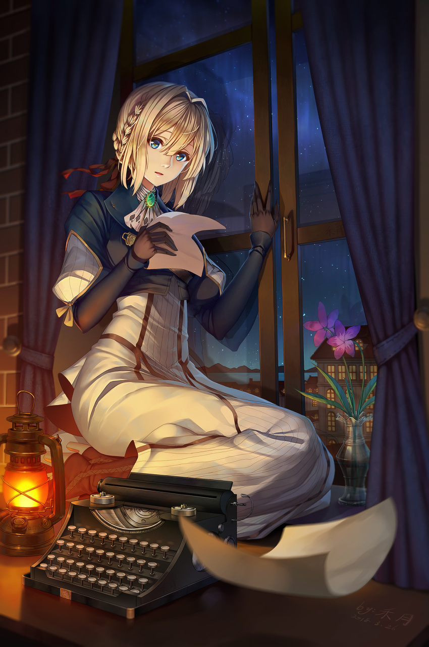 bangs blonde_hair blue_eyes blue_jacket braid brooch commentary_request dress eyebrows_visible_through_hair flower gloves hair_between_eyes hair_intakes hair_ribbon highres holding_letter houses jacket jewelry lantern letter long_hair long_sleeves love_letter mountainous_horizon night night_sky open_window paper reading red_ribbon ribbon seiza sitting sky solo star table ttheyue typewriter vase violet_(flower) violet_evergarden violet_evergarden_(character) window