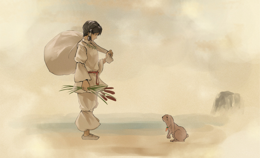 absurdres black_hair bunny carrot_necklace cattail commentary_request from_side grey_footwear highres holding holding_plant holding_sack inaba_tewi inaba_tewi_(bunny) kushidama_minaka long_sleeves looking_at_another looking_down looking_up mizura ookuninushi plant sack shoes standing tears touhou