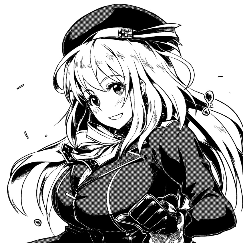 :d atago_(kantai_collection) beret blush breasts commentary_request gloves hat highres kantai_collection large_breasts long_hair open_mouth smile solo tachibana_roku upper_body