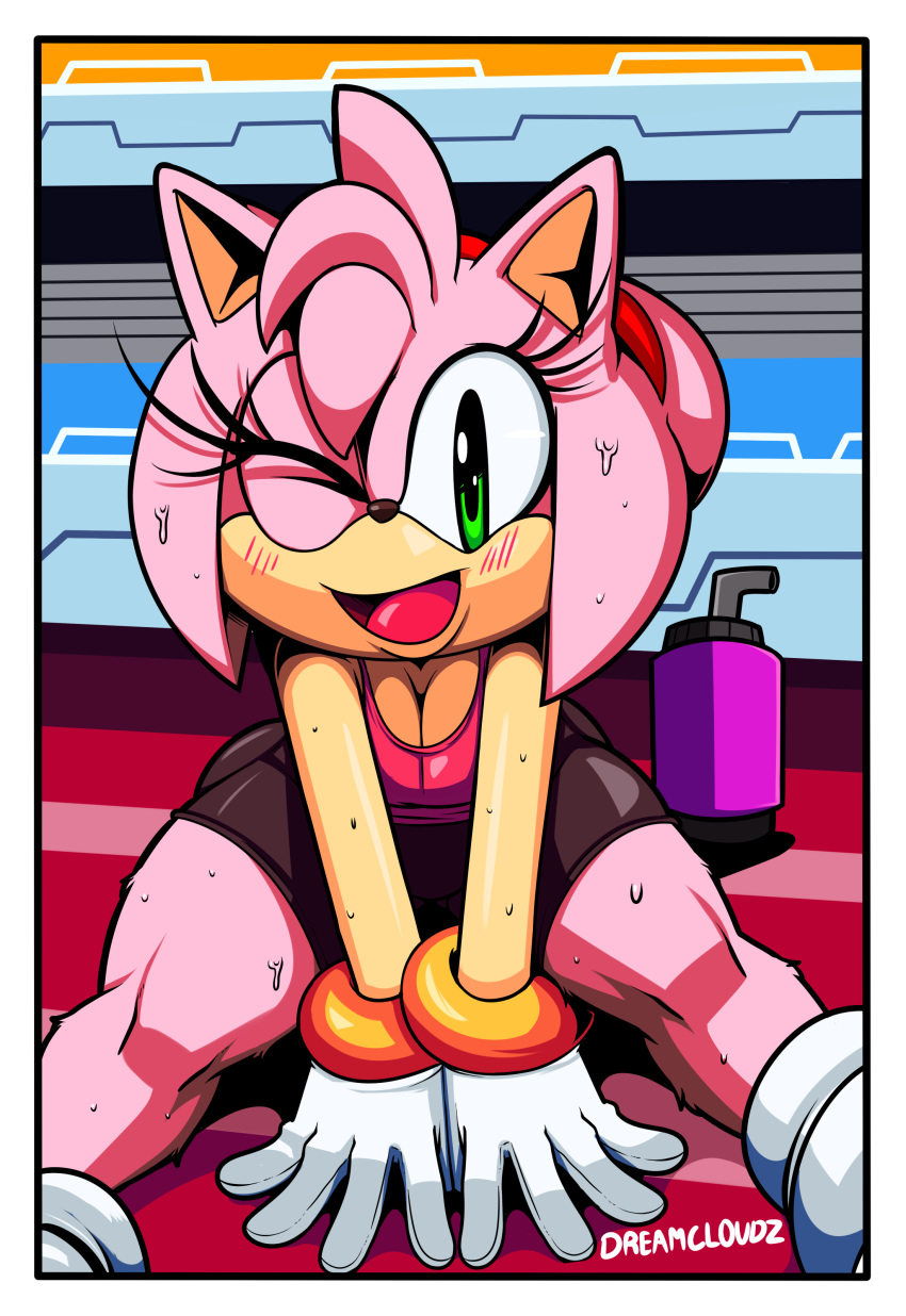 absurd_res amy_rose bike_shorts blush bracelet breasts cleavage clothed clothing cloudz cup cute dreamcastzx1 exercise eyelashes female fur gloves green_eyes hairband hedgehog hi_res jewelry mammal one_eye_closed open_mouth open_smile pink_fur shirt shorts smile sonic_(series) straw sweat tank_top wink workout