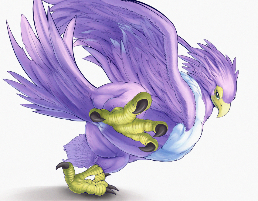 animal_genitalia avian blue_eyes claws cloaca dragon_quest eyelashes feathers female feral green_eyes hi_res hurikata looking_at_viewer purple_feathers ramia scales simple_background solo video_games white_background wings