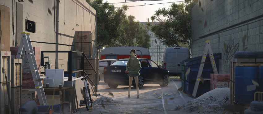 absurdres bicycle blue_skirt brown_hair car crate day dumpster faiz_azhar fence ground_vehicle hands_in_pocket highres hood hoodie ladder low_twintails motor_vehicle original outdoors pleated_skirt shoes skirt solo standing tree twintails