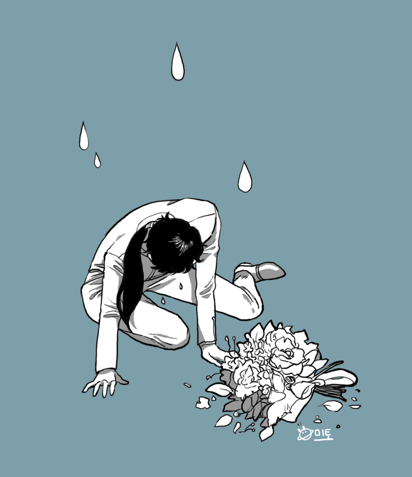 1girl bishoujo_senshi_sailor_moon blue_background bouquet commentary_request flower greyscale highres long_hair long_sleeves mito_(mitonim) monochrome orz pants ponytail sailor_moon simple_background solo tears
