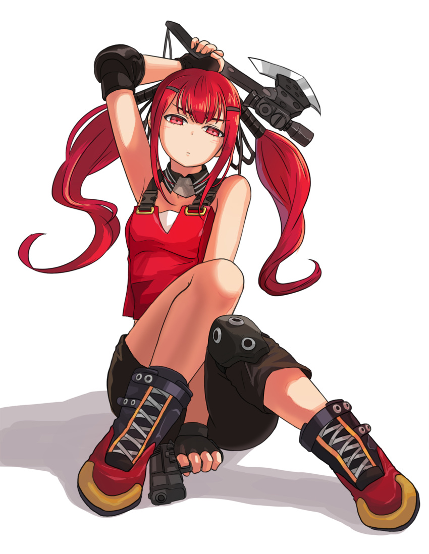 ankle_boots arm_above_head armpits asymmetrical_clothes axe bangs bare_shoulders belt between_legs black_gloves blush boots breasts brown_pants buckle closed_mouth collar collarbone commentary cz-75 cz-75_(girls_frontline) dlausdnr56 elbow_pads expressionless fingerless_gloves full_body girls_frontline gloves gun hair_ornament hairclip half-closed_eyes hand_between_legs handgun highres holding holding_axe holding_gun holding_weapon long_hair looking_at_viewer pants pistol red_eyes red_hair red_tank_top ribbon short_hair shorts simple_background single_knee_pad sitting sleeveless small_breasts solo strap twintails very_long_hair weapon white_background