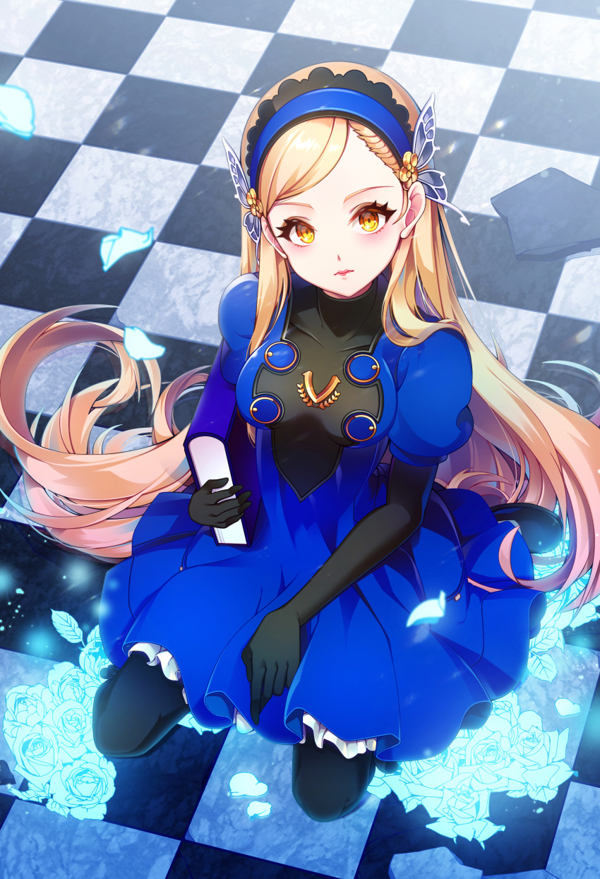 absurdres black_gloves black_legwear blonde_hair blue_dress blue_flower blue_hairband blue_rose book breasts checkered checkered_floor chepill closed_mouth dress elbow_gloves flower from_above gloves hairband highres lavenza long_hair looking_at_viewer medium_breasts pantyhose persona persona_5 rose sitting solo wariza yellow_eyes
