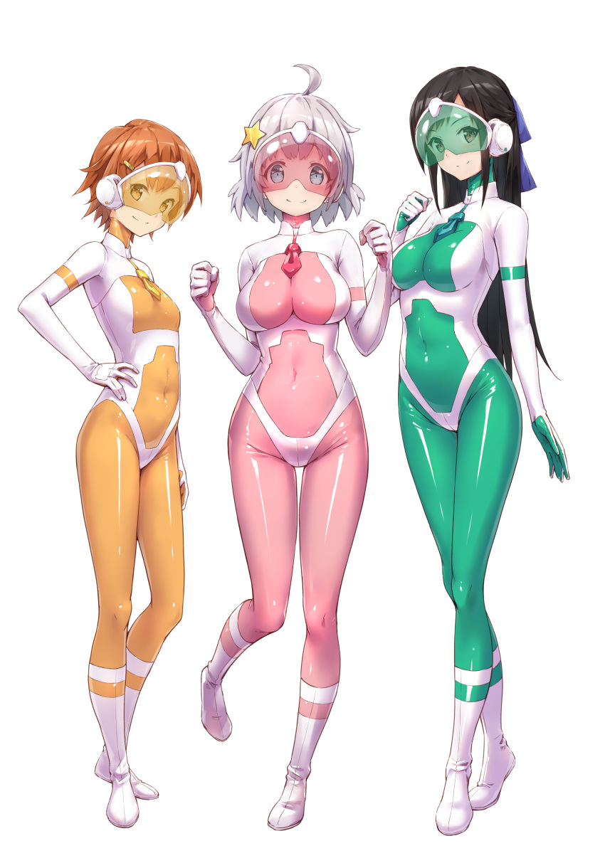 absurdres ahoge arm_at_side bangs black_hair blue_eyes blue_ribbon bodysuit breasts brown_eyes brown_hair chikyuu_boueitai_star_guardians clenched_hands closed_mouth commentary_request covered_navel crossed_legs eyebrows_visible_through_hair full_body gloves green_bodysuit hair_ornament hair_ribbon hairclip hand_on_hip hand_up hands_up headphones highres hoshizora_kohaku hououin_miya impossible_bodysuit impossible_clothes large_breasts light_smile long_hair looking_at_viewer magical_girl medium_breasts mini_necktie multiple_girls necktie official_art orange_bodysuit orange_eyes parted_bangs pink_bodysuit porin_(chikyuu_boueitai_star_guardians) purinpu ribbon shiny shiny_clothes short_hair sidelocks silver_hair simple_background skin_tight small_breasts smile standing standing_on_one_leg star star_emerald star_garnet star_hair_ornament star_pearl straight_hair turtleneck very_short_hair visor watson_cross white_background