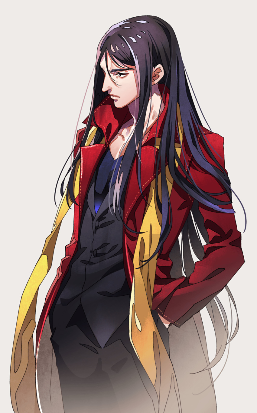 black_eyes black_hair black_pants black_vest blue_shirt closed_mouth cowboy_shot fate/grand_order fate_(series) grey_background hand_in_pocket highres jacket long_hair looking_to_the_side lord_el-melloi_ii male_focus open_clothes open_jacket pants red_jacket shirt simple_background solo standing tenobe very_long_hair vest waver_velvet