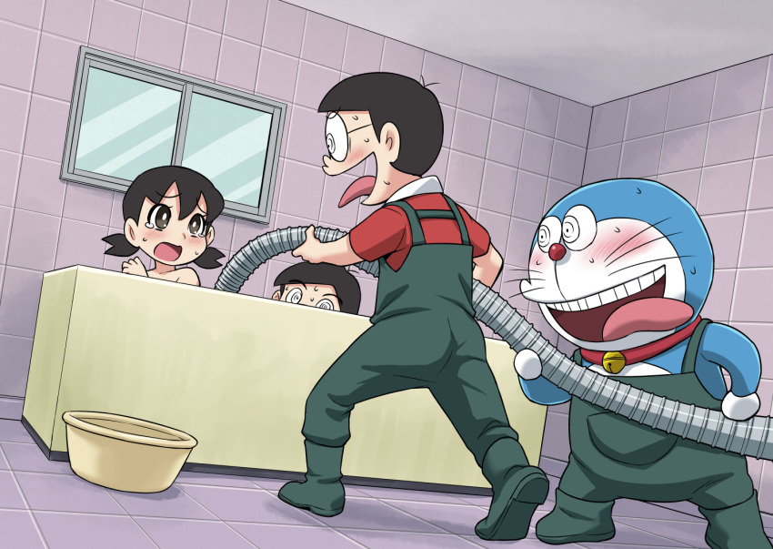 2boys @_@ asymmetrical_bangs bangs bare_shoulders basket bath bathing bathroom bathtub bell bell_collar black_eyes black_hair blush boots ceiling collar collared_shirt commentary_request d: doraemon doraemon_(character) dutch_angle eyebrows_visible_through_hair floor foot_out_of_frame fujiko_f_fujio_(style) full_body gachon_jirou glasses green_footwear hair_between_eyes hidetoshi_dekisugi holding_hose hose indoors low_twintails minamoto_shizuka mixed_bathing multiple_boys nobi_nobita open_mouth overalls parted_bangs pocket polo_shirt rape_face red_shirt robot scared shirt short_hair short_sleeves standing sweat tears tiles tongue tongue_out twintails upper_teeth wall whiskers window