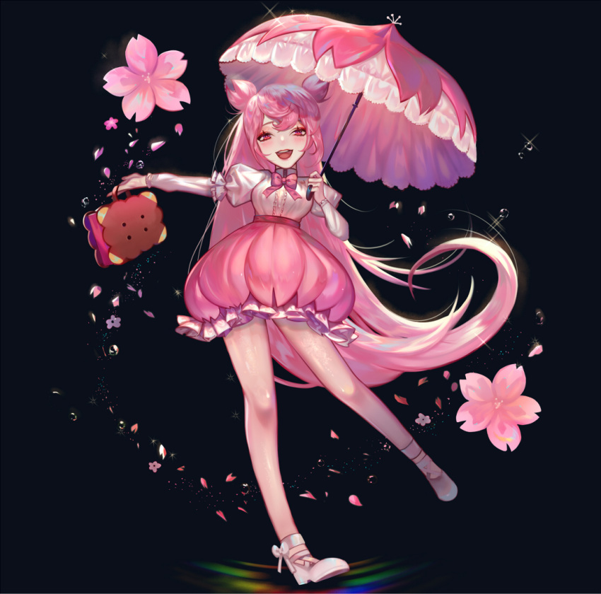 :d bag black_background bow bowtie bubble_skirt cherry_blossom_cookie cookie_run double_bun flower long_hair looking_at_viewer open_mouth personification petals pink_eyes pink_hair pink_neckwear pink_skirt pink_umbrella simple_background skirt smile solo standing standing_on_one_leg umbrella very_long_hair ziiiing