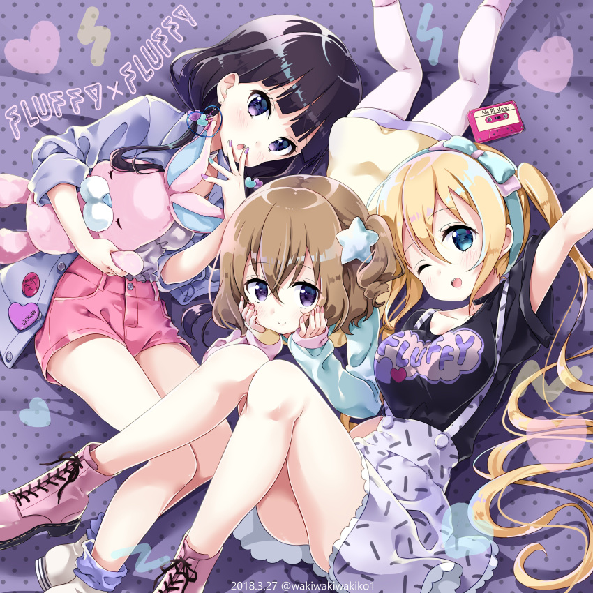 ;d absurdres bangs bed_sheet black_shirt blend_s blonde_hair blue_bow blue_eyes blue_hairband blue_nails blush boots bow breasts brown_hair cassette_tape casual closed_mouth clothes_writing commentary cross-laced_footwear dated eyebrows_visible_through_hair fingernails girl_sandwich hair_between_eyes hairband highres hinata_kaho hoshikawa_mafuyu jacket lace-up_boots large_breasts long_hair long_sleeves low_twintails lying multicolored multicolored_nails multiple_girls nail_polish neki_(wakiko) object_hug on_back on_side on_stomach one_eye_closed open_clothes open_jacket open_mouth parted_lips pink_bow pink_footwear pink_nails pink_shorts polka_dot purple_eyes purple_hair purple_jacket purple_nails purple_skirt sakuranomiya_maika sandwiched shirt shoes short_shorts short_sleeves shorts skirt sleeves_past_wrists smile stuffed_animal stuffed_bunny stuffed_toy suspender_skirt suspenders twintails twitter_username very_long_hair white_footwear white_shirt yellow_shirt