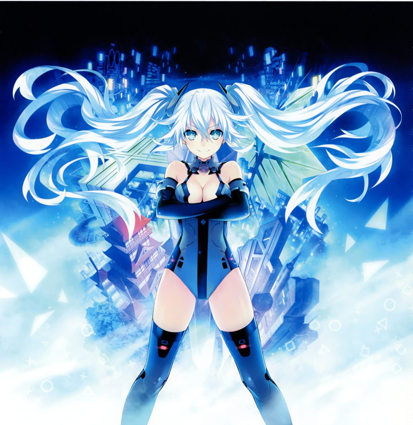 &gt;:) absurdres aqua_eyes bangs bare_shoulders black_gloves black_heart breasts building chou_megami_shinkou_noire_gekishin_black_heart circle cityscape cleavage cleavage_cutout crossed_arms elbow_gloves floating_hair gloves glowing grey_legwear gunbuster_pose hair_between_eyes halterneck highres kami_jigen_game_neptune_v leotard light_particles light_smile long_hair looking_at_viewer magical_girl manamitsu medium_breasts neptune_(series) non-web_source official_art power_symbol skyscraper smile solo square standing symbol-shaped_pupils thighhighs triangle turtleneck twintails v-shaped_eyebrows very_long_hair white_hair