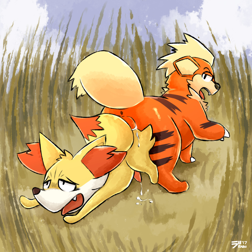 anal anal_penetration anus ass_to_ass balls cum cum_in_ass cum_inside cum_while_penetrated duo fennekin feral feral_on_feral grass growlithe hi_res knotting male male/male nintendo penetration penis pok&eacute;mon pok&eacute;mon_(species) raburigaron sex tongue tongue_out video_games