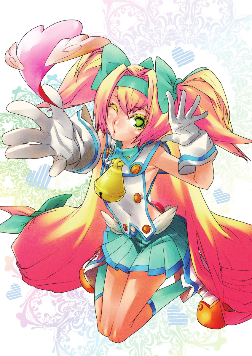absurdres armpits bell blazblue blonde_hair blown_kiss bow cow_bell flat_chest gloves green_eyes hair_bow hairband heart heart-shaped_pupils highres knees_together_feet_apart non-web_source official_art one_eye_closed outstretched_hand platinum_the_trinity quad_tails skirt socks solo symbol-shaped_pupils