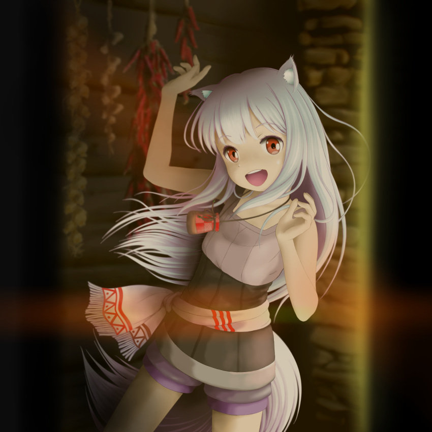 animal_ears belt colored_eyelashes commentary_request eyebrows_visible_through_hair hands_up highres long_hair myuri_(spice_and_wolf) open_mouth pouch red_eyes shinsetsu_spice_and_wolf shorts silver_hair sleeveless smile solo spice_and_wolf suzupom tail wolf_ears wolf_tail