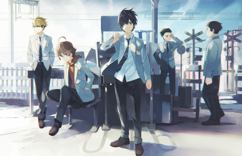 ahoge bangs belt black_belt black_pants blazer blonde_hair blue_sky brown_footwear brown_hair city cityscape clenched_hand cloud cloudy_sky collared_shirt commentary_request darling_in_the_franxx day futoshi_(darling_in_the_franxx) glasses gorou_(darling_in_the_franxx) green_jacket hand_on_hip hand_on_own_wrist hand_up hands_on_hips hiro_(darling_in_the_franxx) hood hoodie jacket leg_up long_sleeves looking_at_viewer looking_to_the_side male_focus mitsuru_(darling_in_the_franxx) multiple_boys orange_hoodie pants railroad_crossing school_uniform shirt shoes sitting sky striped striped_neckwear takerusilt white_shirt wing_collar zorome_(darling_in_the_franxx)